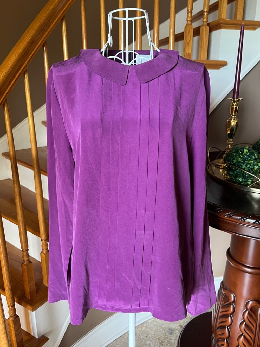 Leith Silk Purple Peter Pan Collar Pleated Blouse Office Quiet Luxury Size M